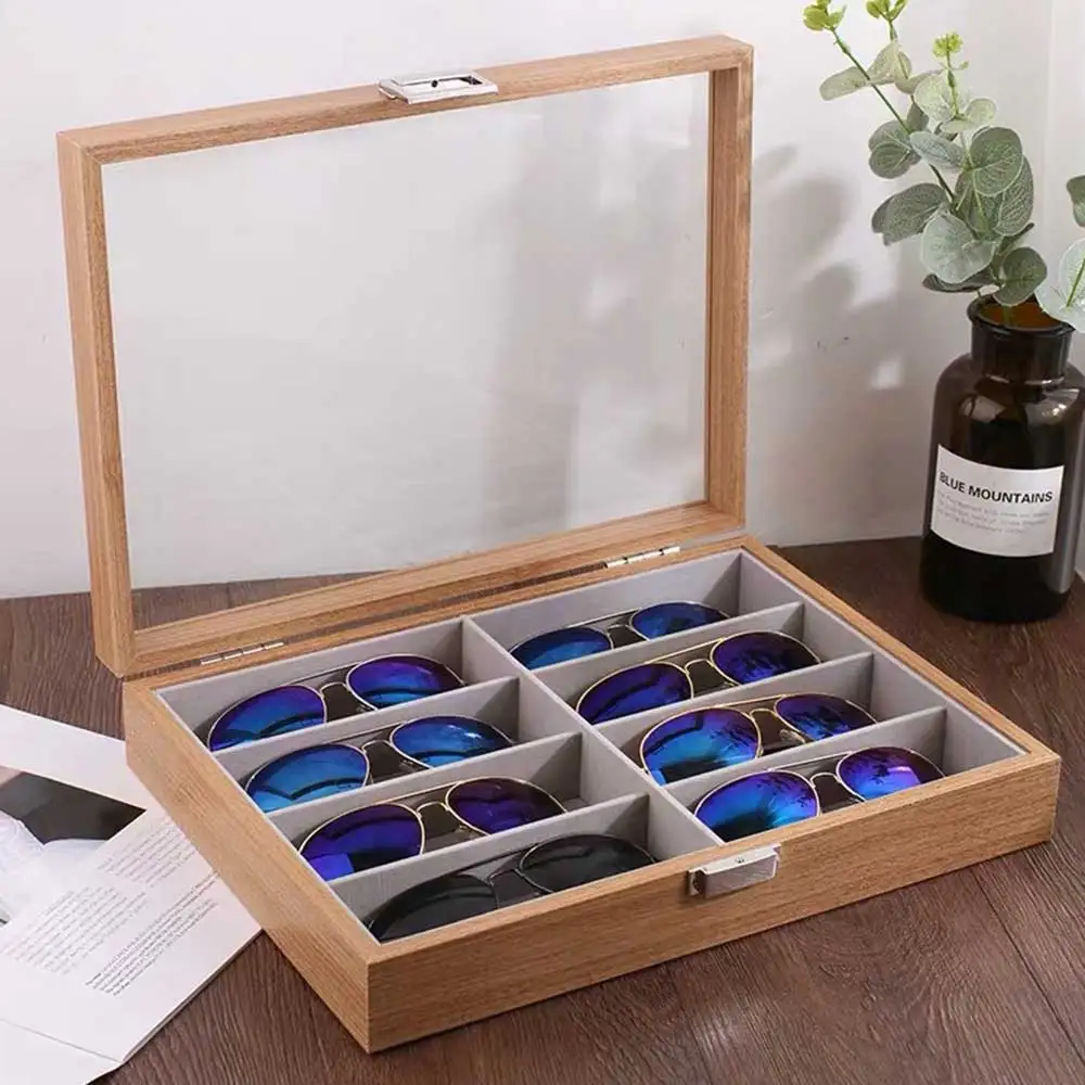 Kopen Lenzenvloeistof Sunglass Opbergdoos 8 Slot Houten Glazen Display Case Organizer Display Glazen Sieraden Houder Collectie