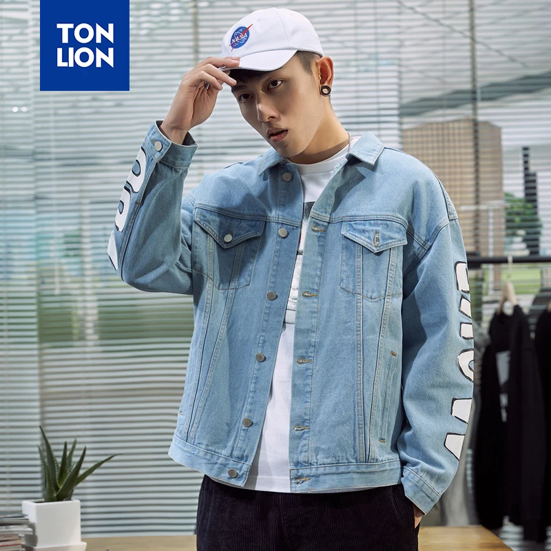 Мужская джинсовая куртка TONLION синяя с длинным рукавом и принтом в виде большой