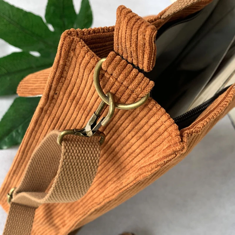 

Corduroy Shoulder Bag Women Vintage Shopping Bags Student Student Bags Zipper Casual Bag With Outside Pocket
