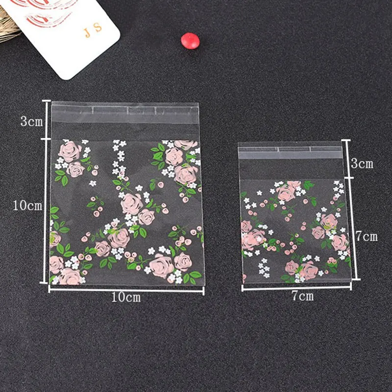 

100Pcs Self Adhesive Plastic Jelly Biscuit Packaging Bag Fresh Rose Flowers Candy Cookie Bags Wedding Party Gift Bag