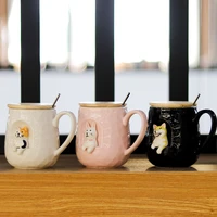 450ml cartoon coffee cup with lid spoon 3d funny cute cat mugs ceramic shiba inu mug creative embossed dog ceramic cup