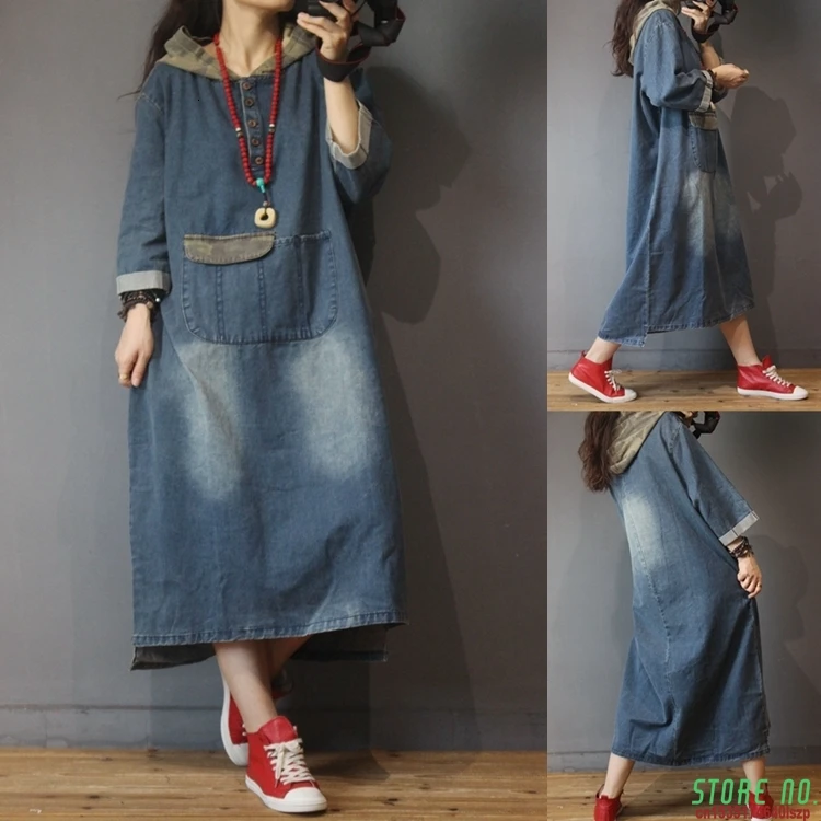 

Plus Sizes Hooded Denim Dresses Long Sleeves Jean Pockets Vestidos Baggy Vintage Patchwork Hooded Cowboy Dresses