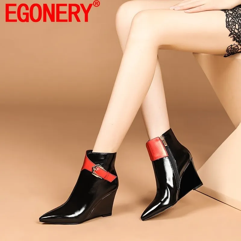 

EGONERY Drop Shipping Ankle Boots Winter Style Women Shoes Pointed Toe Patent Genuine Leather High Heel Wedges Fashion Booties