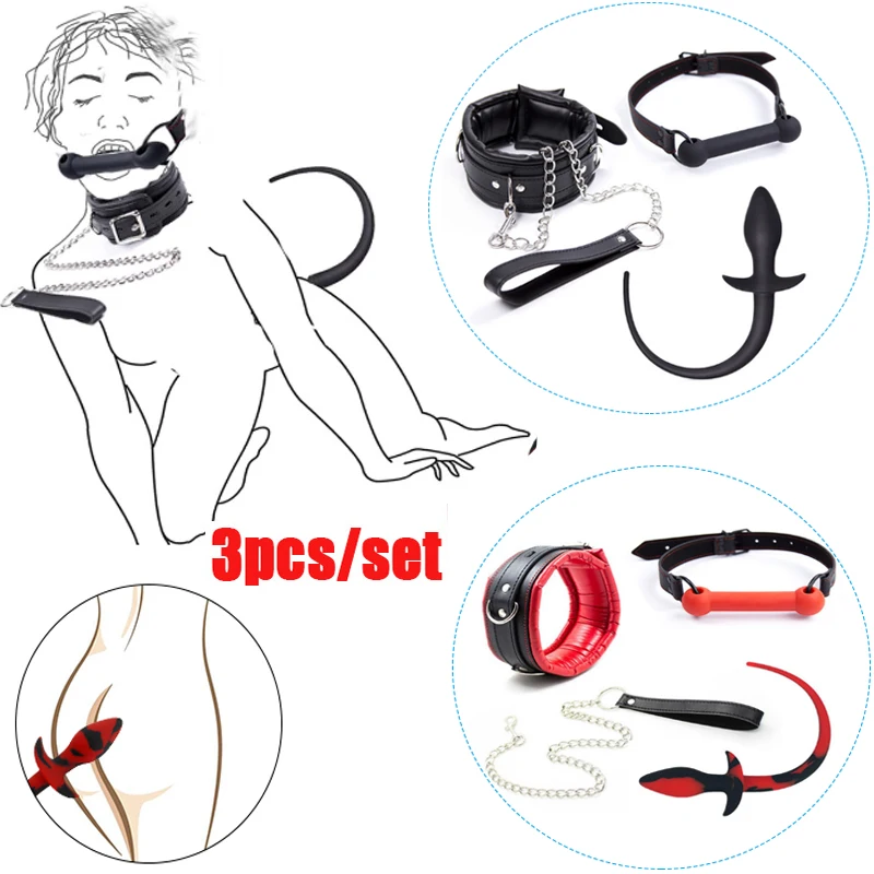 Ошейник силиконовый с поводком, секс-игрушка для взрослых, с хвостом собаки, Анальная пробка, раб, бондаж, фиксатор для орального секса, БДСМ,...
