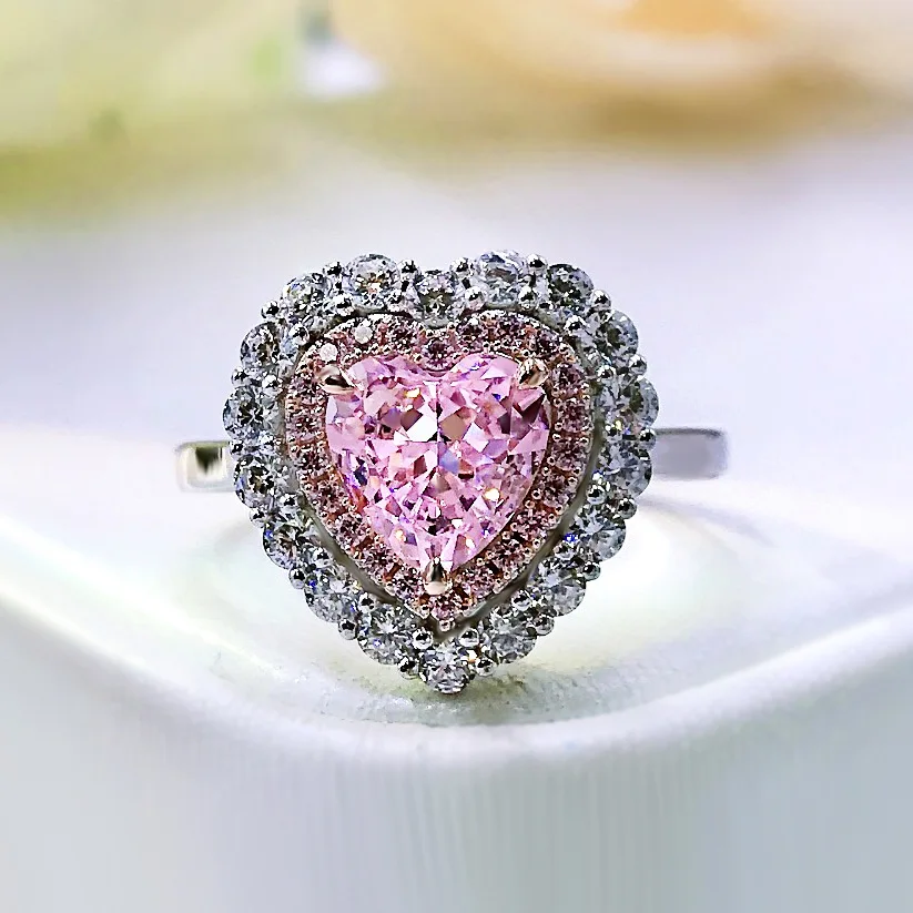 

Solid 925 Sterling Silver 7*7MM Pink Heart High Carbon Diamond Wedding Rings For Women Sparkling Party Fine Jewelry