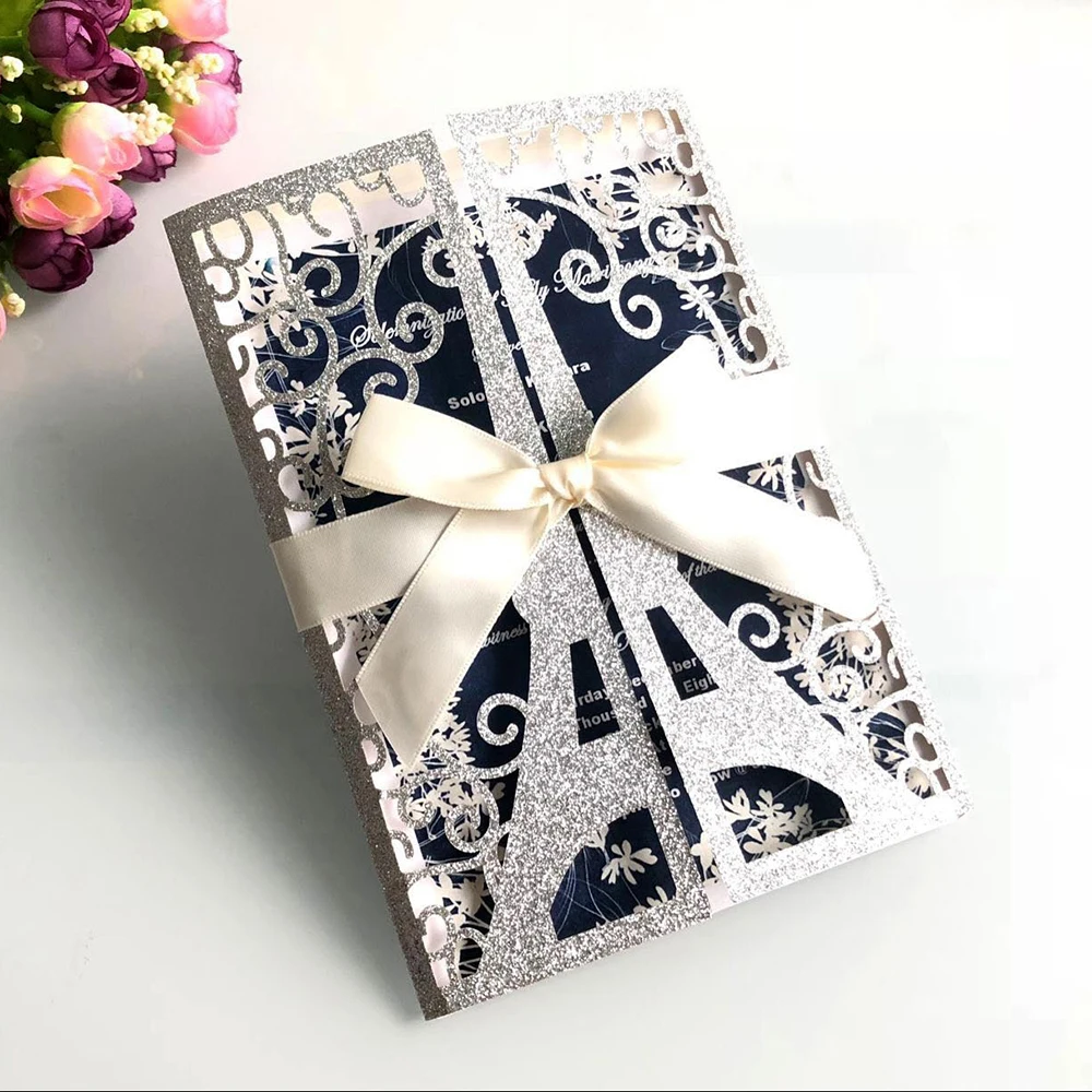10pcs/set Glitter Embossing Invitation Cards 15*15CM for wedding business party Paris tower greeting card customized supplies