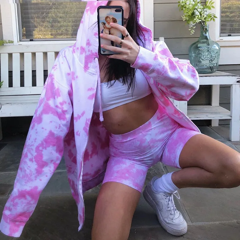 

Women Coats & Jackets 2020 Streetwear Fashion Jackets Women's Hooded Zipper Large Size Pocket Loose Casual Tie-Dye Print Coat