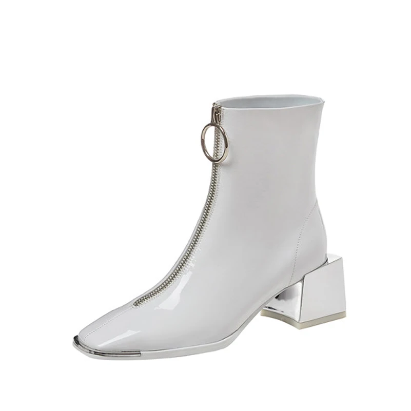 

FOREADA Ankle Boots High Heel Woman Boots Metal Decoration Square Toe Short Boots Zip Thick Heel Female Shoes Autumn White Blue