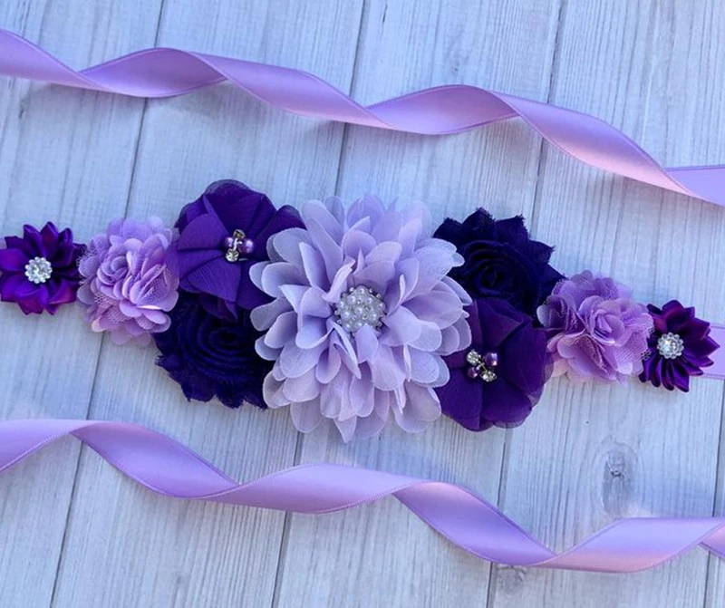 Cintur&oacute;n de gasa con perlas y diamantes de imitaci&oacute;n para mujer, faja de maternidad, ajustable, elegante, color p&uacute;rpura-2