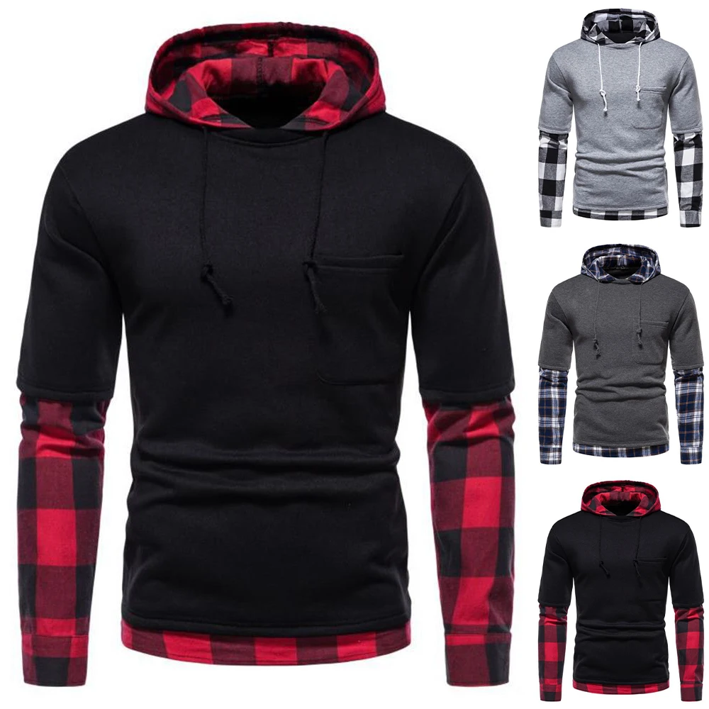 

Jumper Patchwork Sweatshirt Winter Autumn Lattice Slim Warm Mens Hoodie Fashion Hooded Long Sleeve Casual Pullover