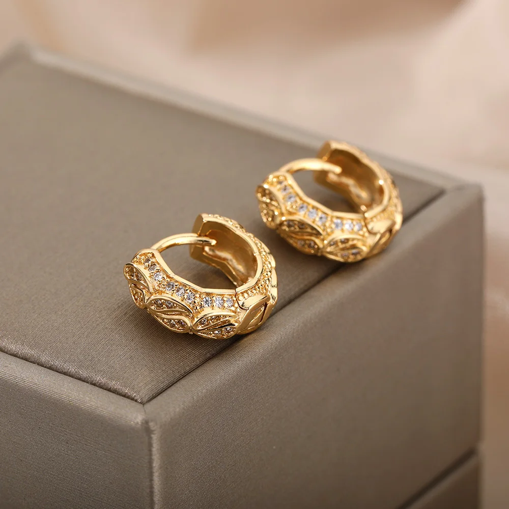 

Stainless Steel Leaves Circle Stud Earrings For Women Zircon Gold Shiny Rhinestone Earring Wedding Christmas Jewelry Accessories