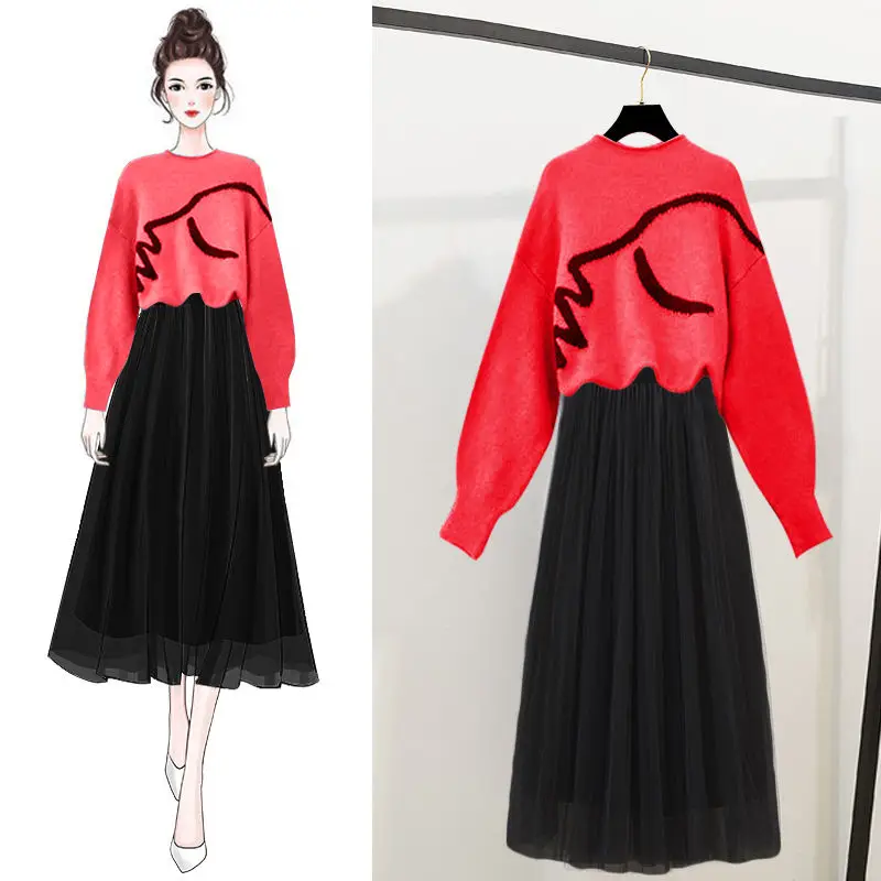 

2 Piece Set Women 2021 New Autumn Winter Long Sleeve Loose Round Neck Sweater Pullover and Mesh Skirt Suit Sets Mujer Y462