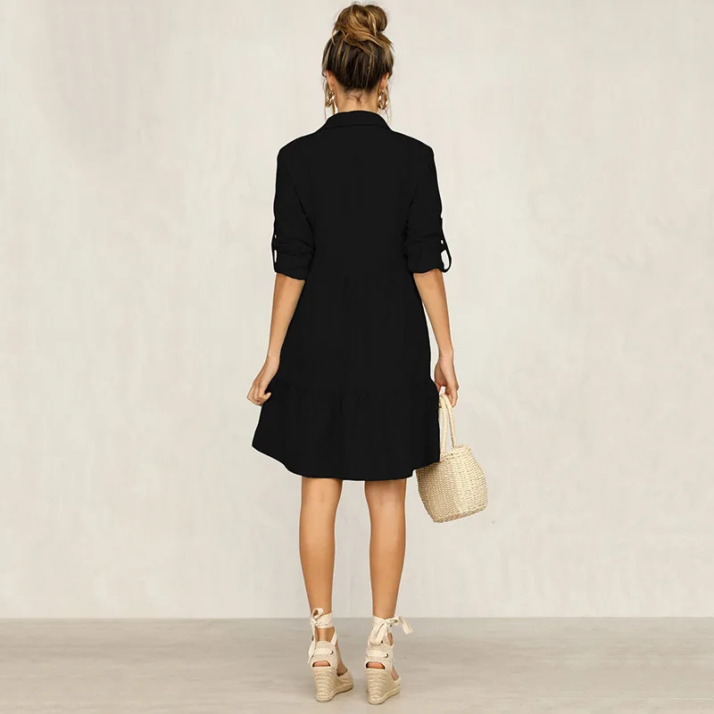 

Autumn Winter Ladies Casual Single Breasted Solid Dress Women Turn Down Collar Straight Half Sleeve Shirt Dress 2021 New