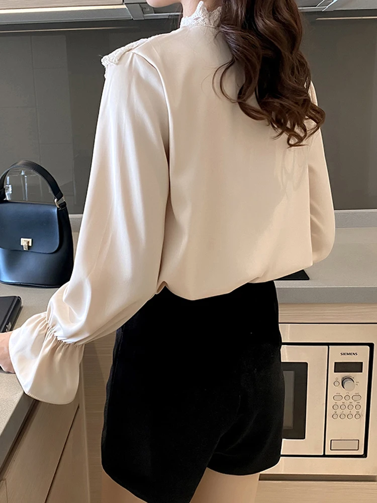 

Houthion New Long-sleeved Women Blouse Polo Collar Summer Splicing Bow Chiffon Casual Shirt Comfortable Fashion Tops