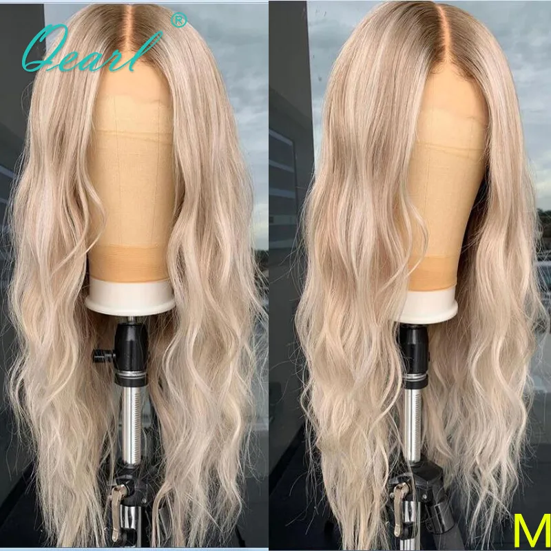 

Lace Front Wig for Women Human Hair Frontal Wigs Ombre Light Blonde Ashy Highlights Colored Wavy Lace Wig Remy Hair 150% Qearl
