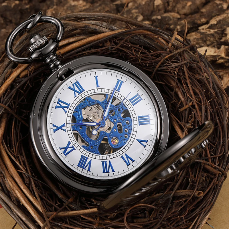 Horse Mechanical Pocket Watch Antique Roman Numerals Flying Wings Fob Chain Hanging Clock with Gift Box for Men Dropshipping