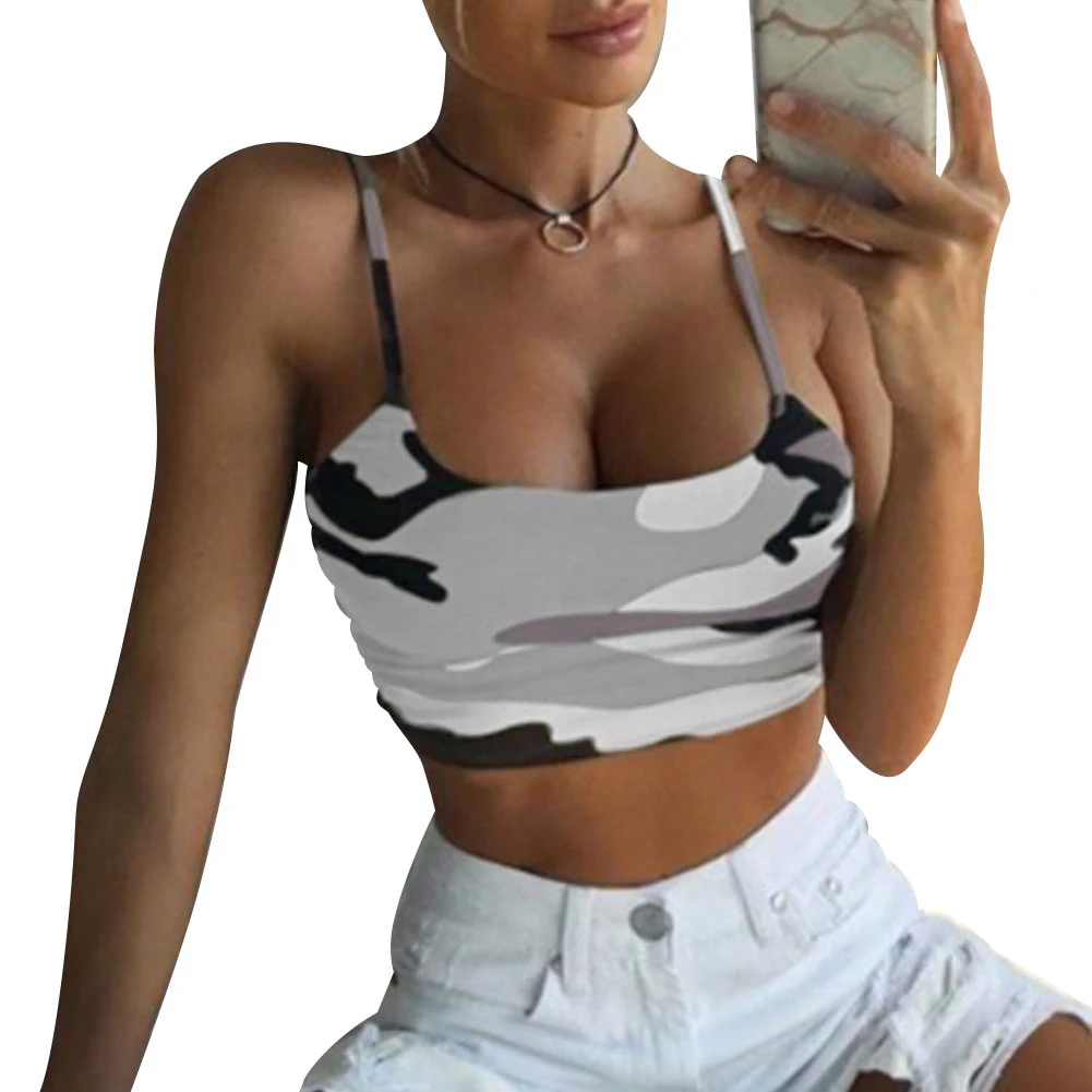 Сексуальный укороченный топ без рукавов на тонких бретелях камуфляжный блузка