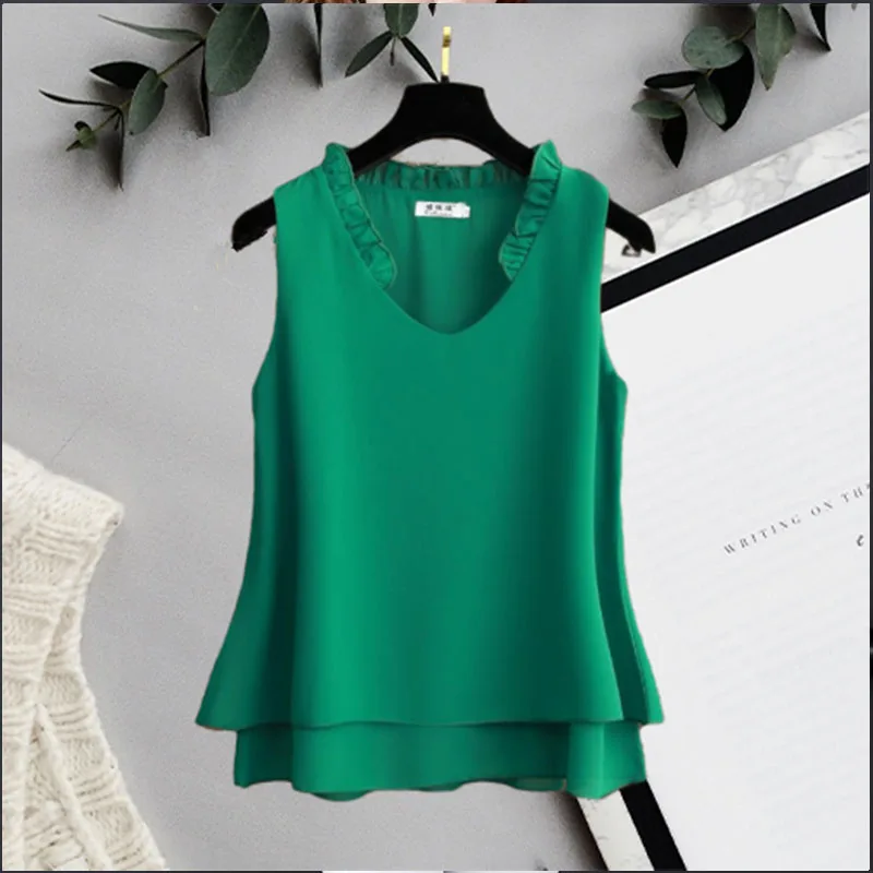 

Fashion Women Summer Style Chiffon Blouses Women Sexy Sleeveless V-Neck Ruffles Shirt Elegant Women Tops High Quality DF3600