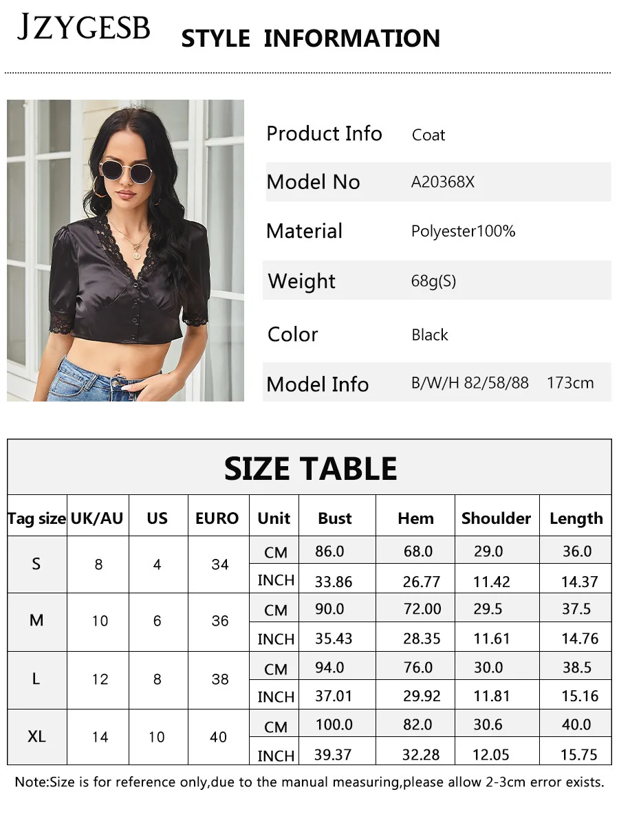 

JZYGESB spring/autumn Blusa Women Short sleeve Sexy Lace T Shirt Top Fashion solid Black Buttons V-neck Women's clothing