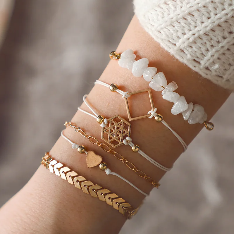 

6 Piece Set High Quality Bracelet Geometric Simple Charms For Women Gold Color Arrow Heart Pendant Bracelets Set Party Jewelry