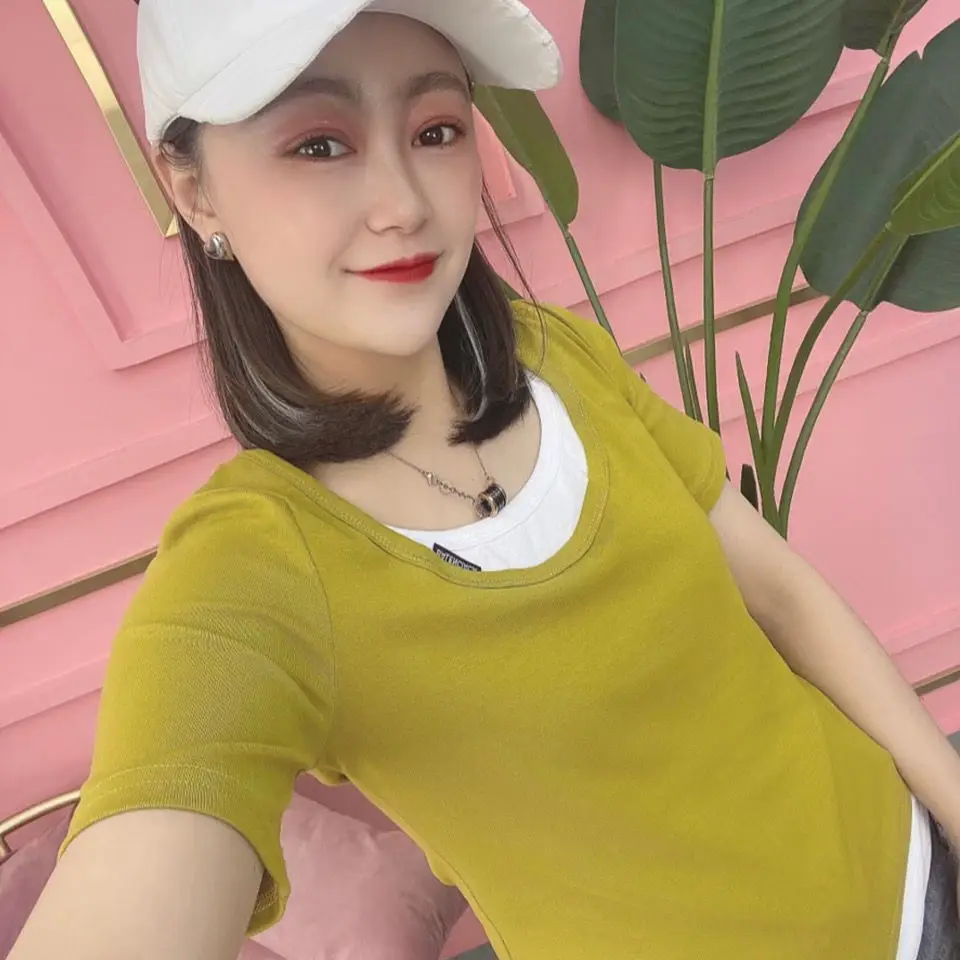 

Stitching fake two-piece T-shirt women's 2021 summer new look thin color matching short sleeve Pullover