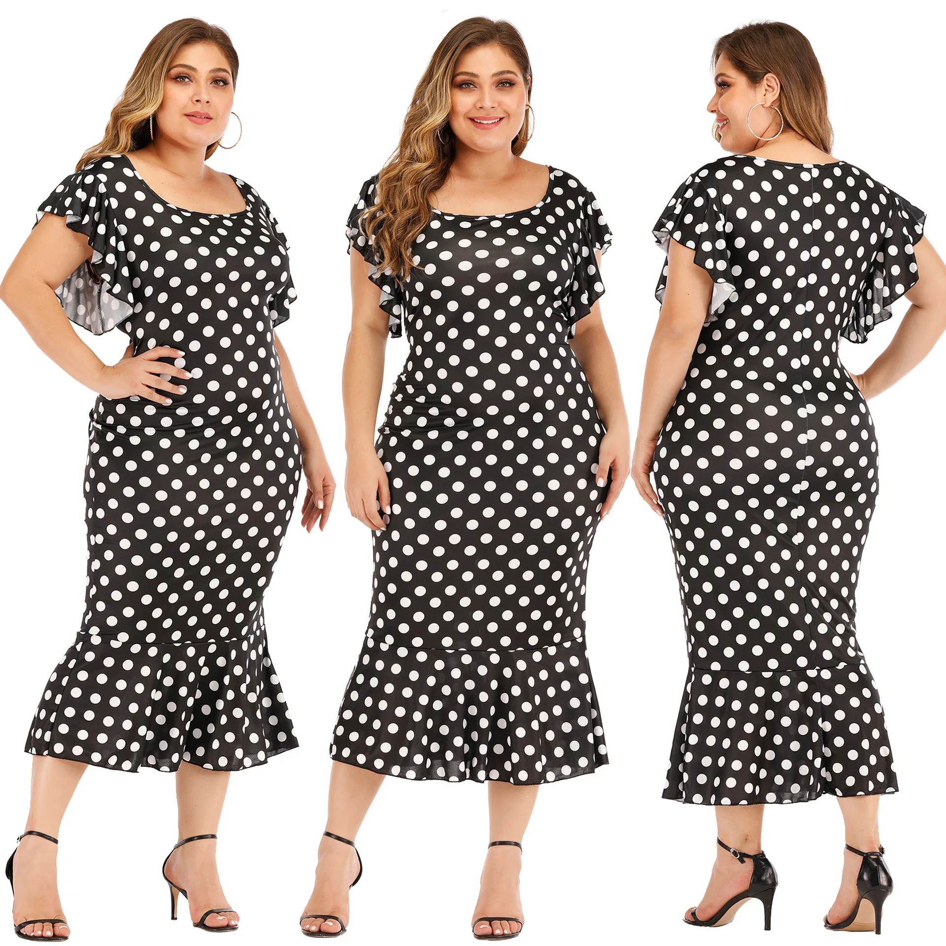 

2020 Women's oversize women's wave point Ruffle crew neck slim wrap hip dress
