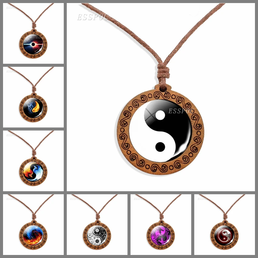 Деревянное ожерелье Yin Yang Taichi с кабошоном из стекла модные аксессуары деревянная