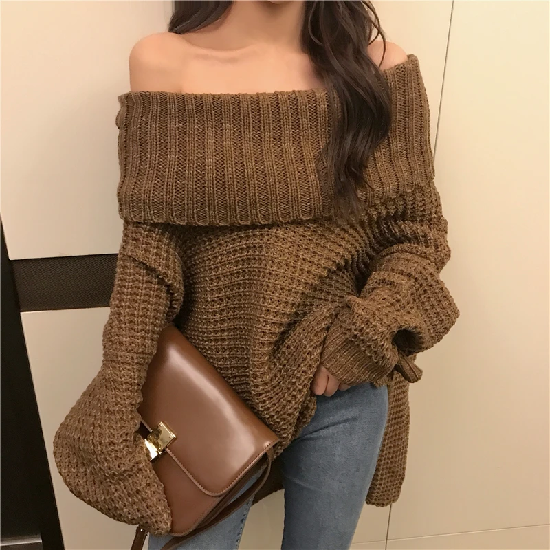 

Casual Women Sweaters Fashion Outwear Winter Tops Irregular Long Sleeve Off Shoulder Sweater Warm Pullovers Black Khaki Chic Top