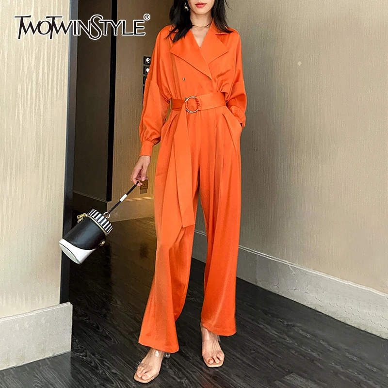 

TWOTWINSTYLE Orange Fold Pleated Jumpsuit Women Notched Long Sleeve Gathered Waist Full Length Straight Women's Jumpsuits Style