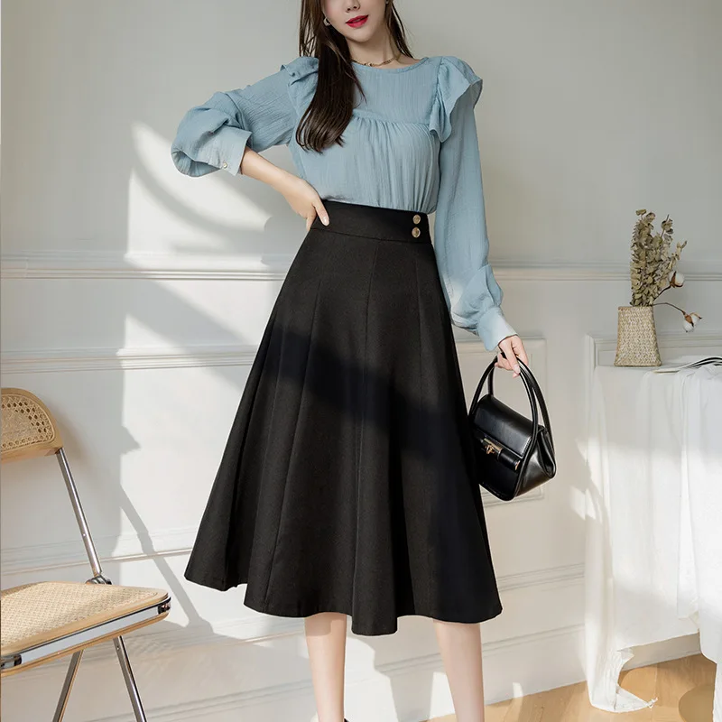 

New Design Spring Summer High Waist A-line Skirt Women 2021 Big Swing Solid Black Vintage Office Skirt Women