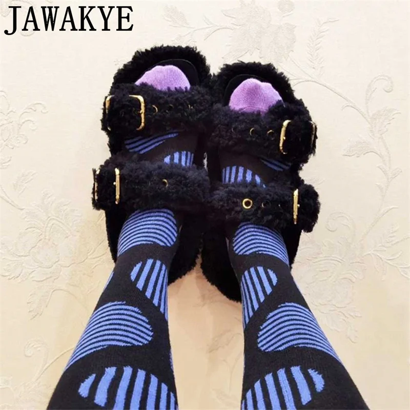 

Thick Sole Open toe Fur Sandals Women Metal Buckle Wool flat Sandals Casual Fashion Luxury Furry Flat Shoes mujer