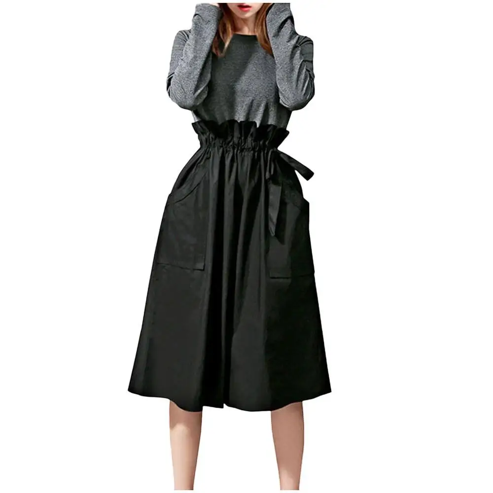 

2021 Womens Casual Dress Elegant Ladies Party Dress Solid Color Patchwork Loose Pullover Long Sleeve Pocket Dress Vestidos Mujer