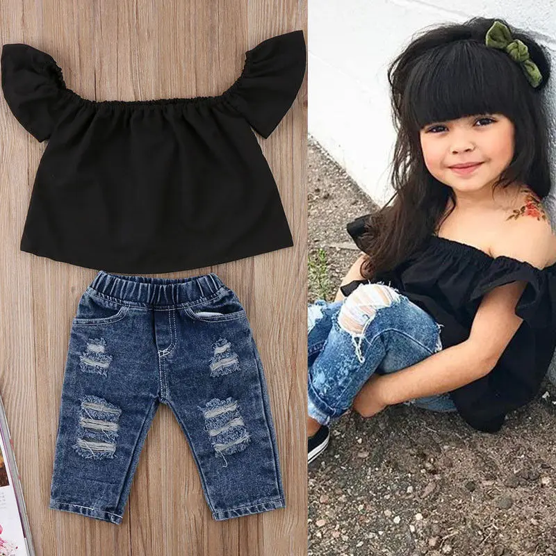 

2pcs Fashion Girls Clothing Set Summer Baby Girls Clothes Black Top Ruffles+Denim Hole Pant Children Clothing Dropshipping