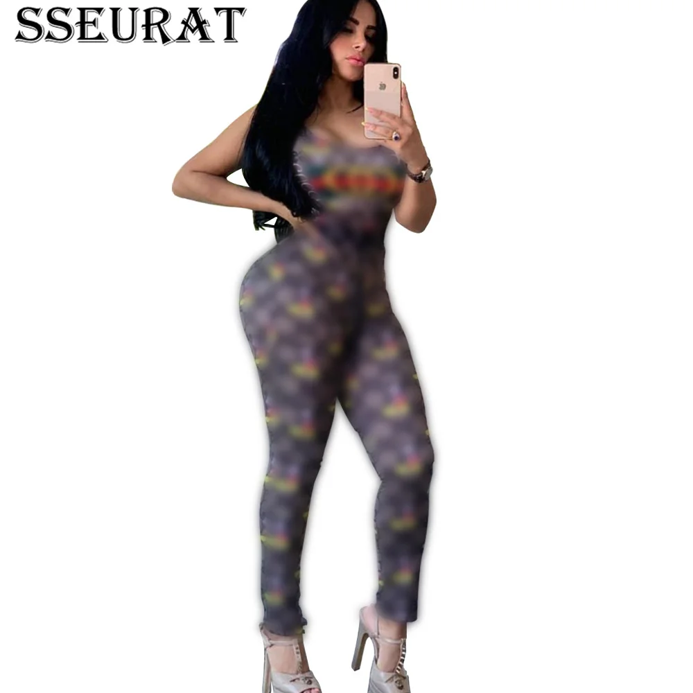 

SSEURAT Women Sexy Club Night Party Print Jumpsuit Summer O-neck Sleeveless Romper One Piece Playsuit