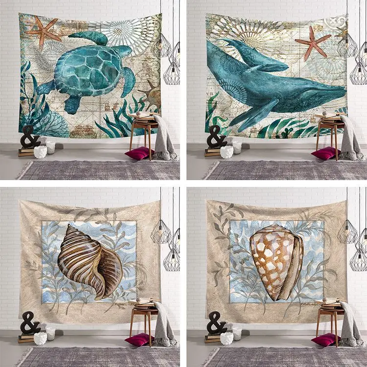 

Marine Life Tapestry Turtle Whale Conch Decorative Cloth Wall Fabric Wall Hanging Cloth Boho Decoration Home Decor Beach Towel
