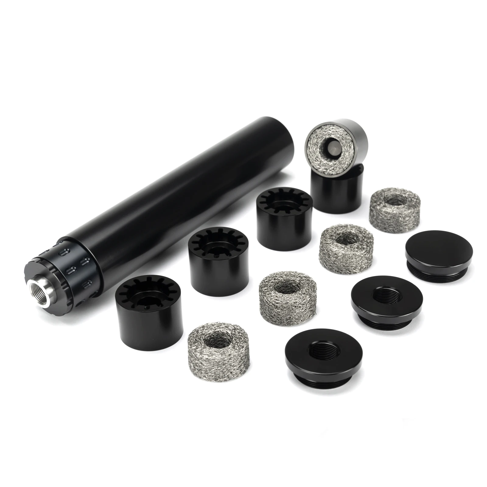 

7.5"L 1.5"OD Aluminum 1/2-28+5/8-24 Solvent Trap 1.375x24 Fuel Filter with 5pcs Metal Wipes + 1/2-28,.578x28,13.5x1LH Booster