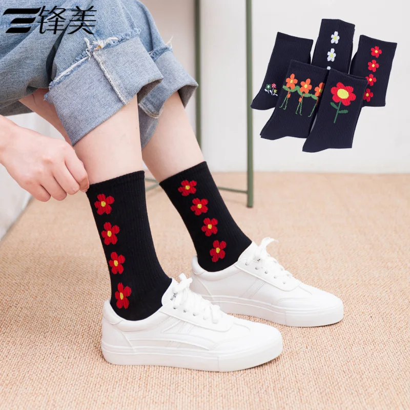 

New Autumn and Winter Women's Socks Pure Cotton Small Flower Tube Flower Trendy Socks College Style Sports Trend Korean Socks