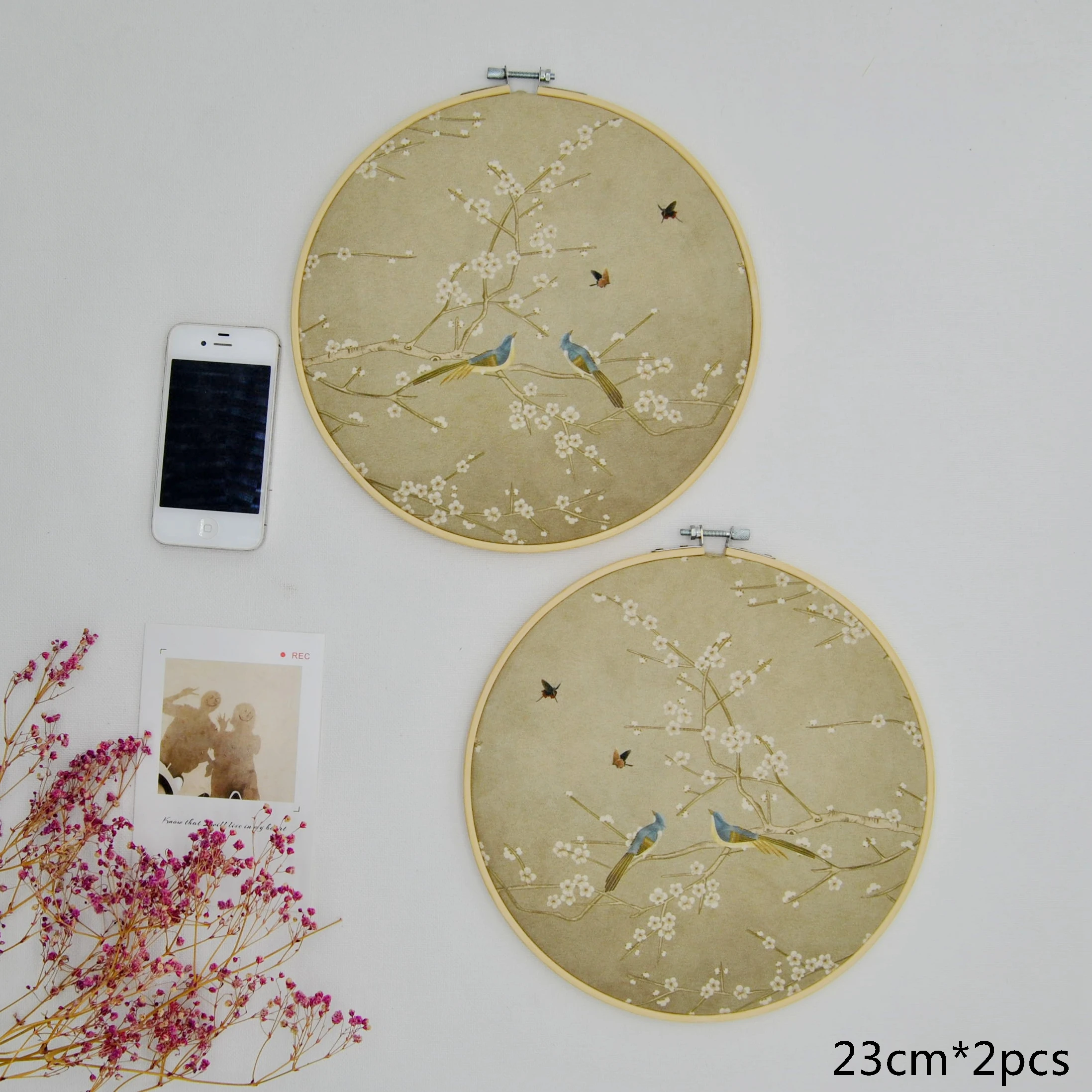 

(2pcs/set) original design Nature Bamboo round fabric wall decorations room decor white plum blossoms velet printing No.XT23-1