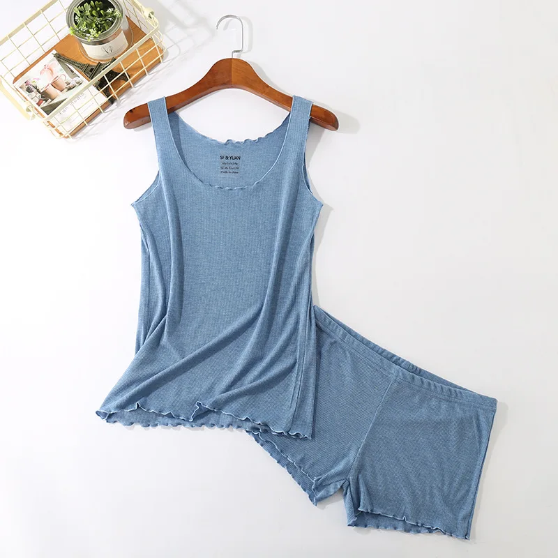 

Wholesale Korean spring style women's home furnishing suits, threaded solid color women's tank top shorts, stretch wooden ear co