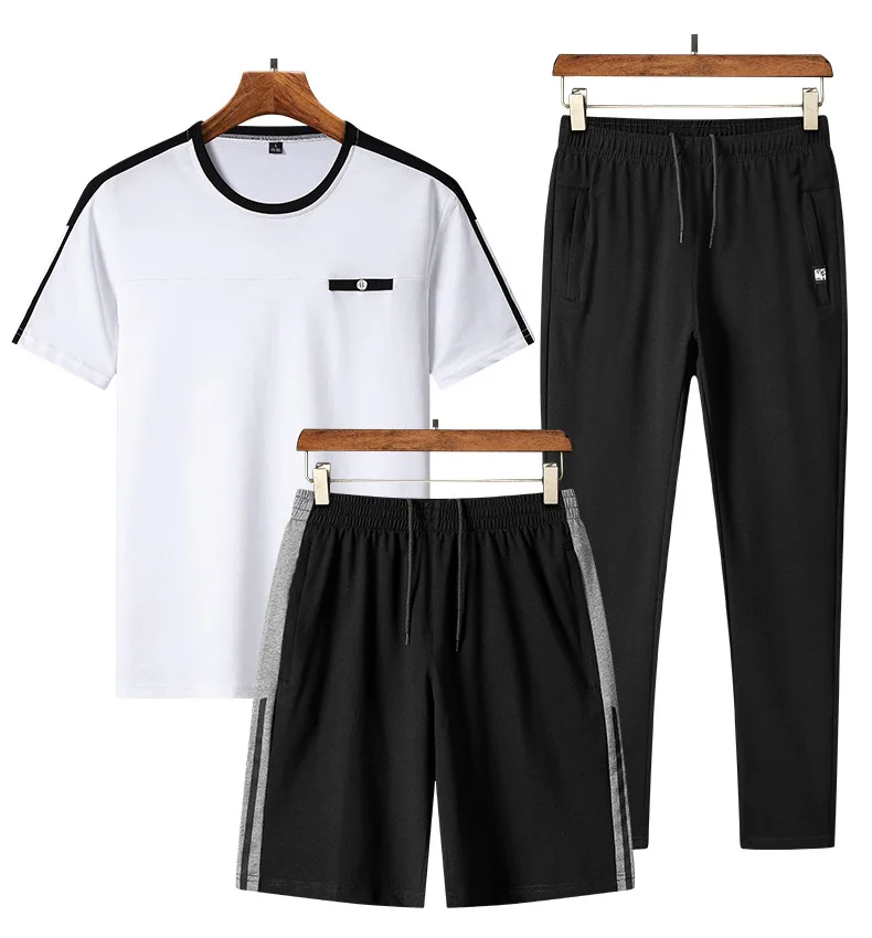 

Summer sports men's casual cotton suit middle aged short sleeve T-shirt shorts slacks men's three piece suit