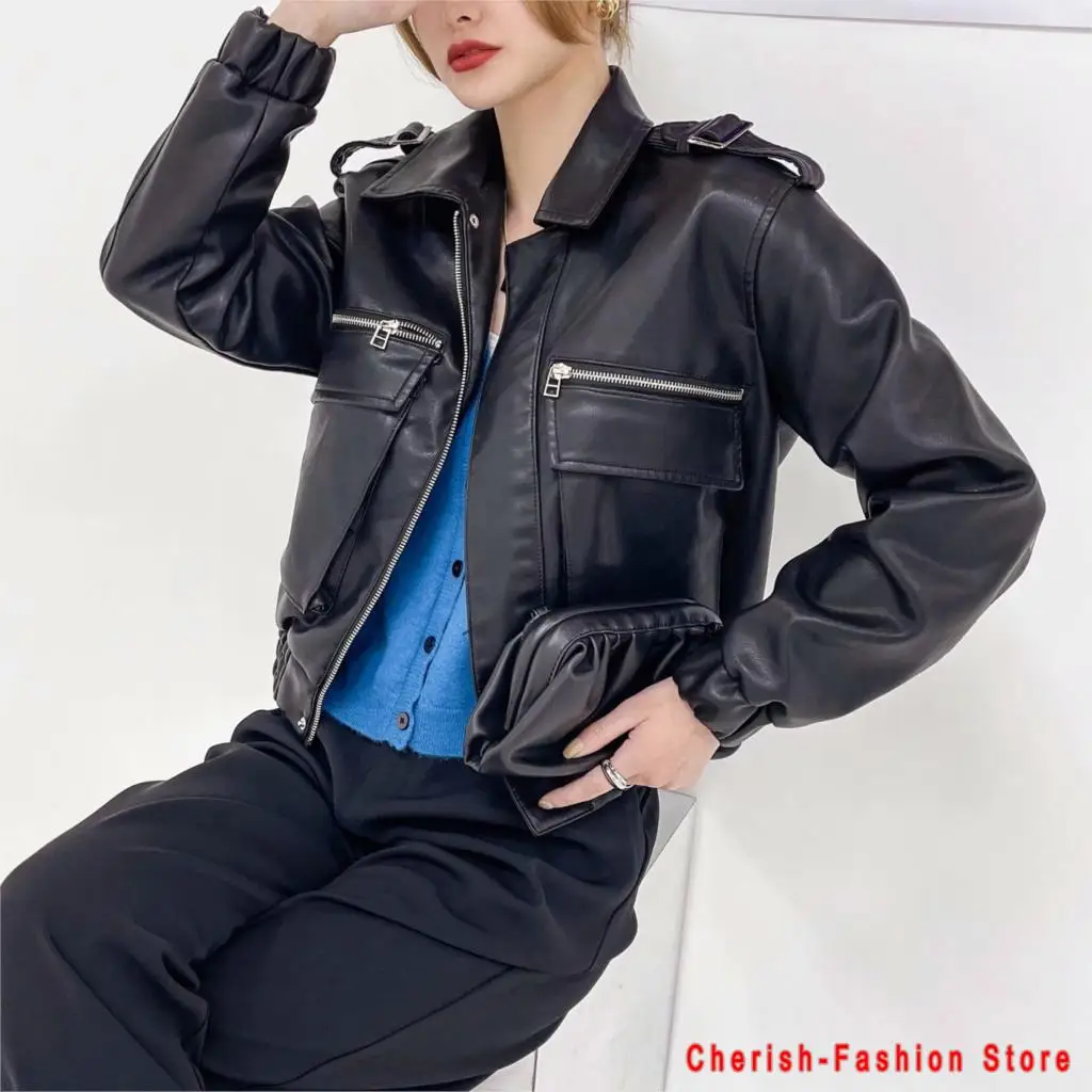 

Куртка женская из искусственной кожи на молнии, базовое байкерское пальто с отложным воротником, мотоциклетная кожаная верхняя одежда, чер...
