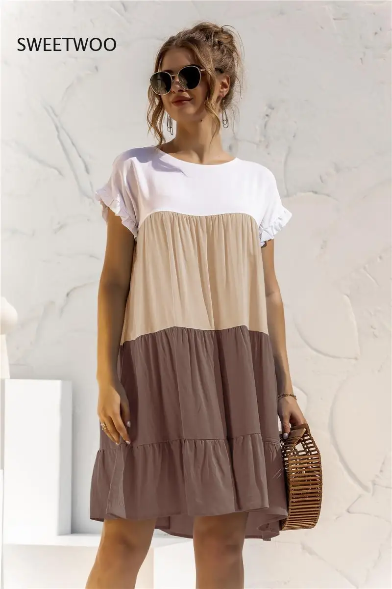 

Summer Casual Loose Oversize Dress Women Short Sleeve Patchwork Big Ruffles Dress 2021 Fashion Green Female Beach Dresses
