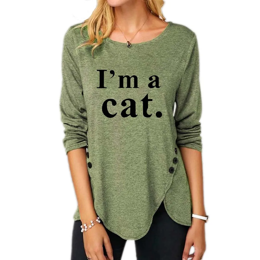 

#w Letter Print T Shirt Women Autumn Long Sleeve Crewneck Irrgular Tee Shirts Loose Casual Buttons Tops