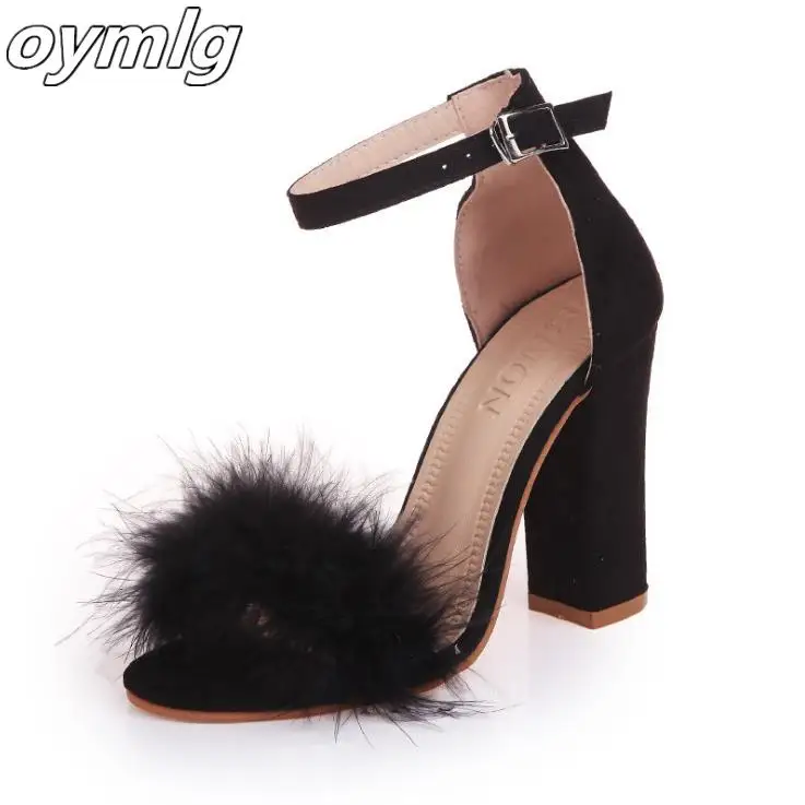 Ankle Strap High Heels Faux Fluffy Rabbit Fur Women Sandals 2020 Thick High Heel Party Wedding Summer Lady Shoes