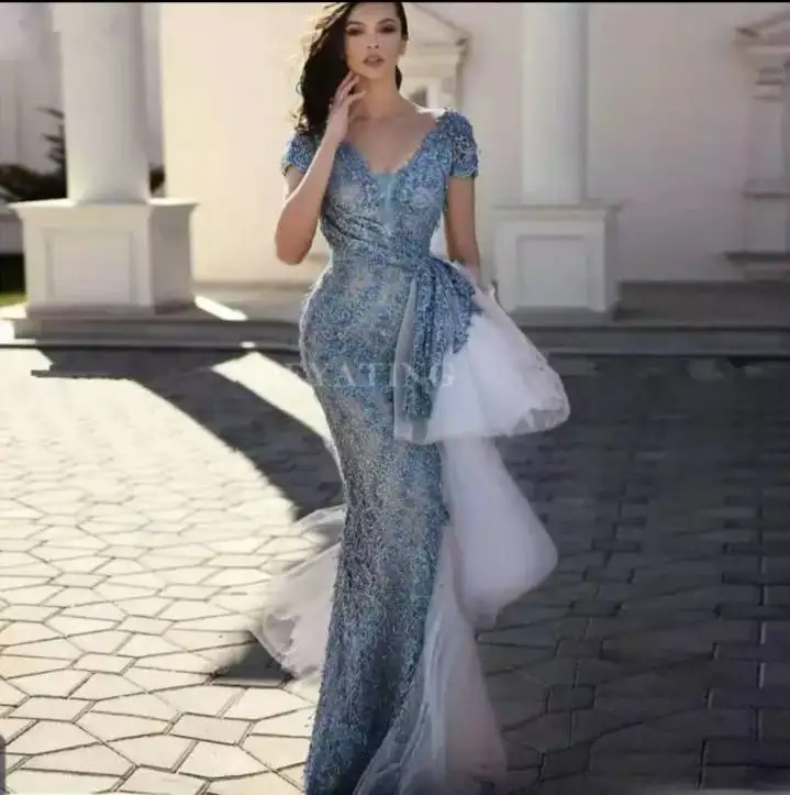 

Light Blue Mermaid 2020 Prom Dresses Short Sleeve V Neck Lace Beads Evening Gown Glitter Arabic Formal Party Dress
