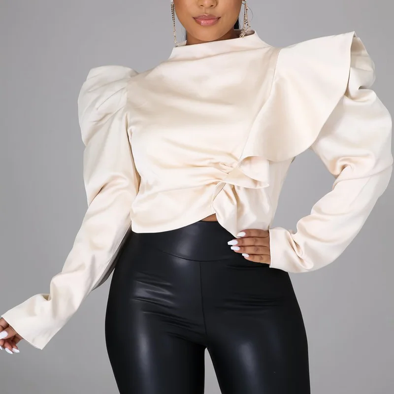 

Women Casual Solid Color Blouses Shirt Long Puff Sleeve Ruffles Ruched Zipper Blouse Pullovers