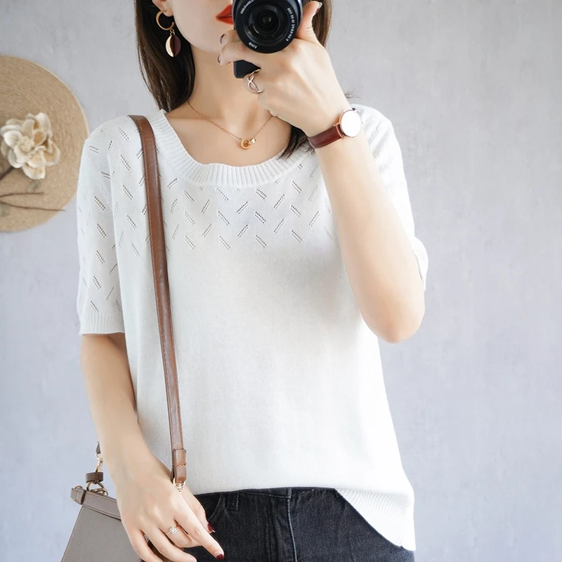 

Pure Cotton T-shirt 2021 Summer New short-sleeved Ladies Round neck knit short-sleeved fashion loose Plus Size Top Pullover