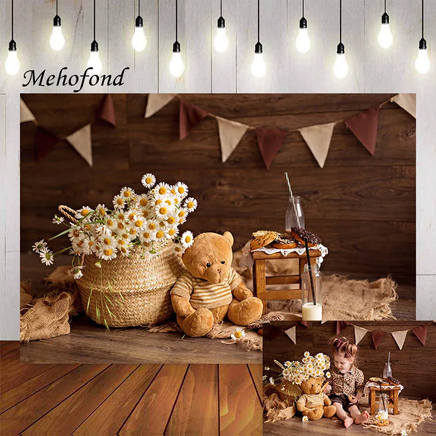 

Фон для фотосъемки Mehofond с изображением деревянной стены игрушечные цветы медвежонка молочного цвета для детского дня рождения, портрета, реквизит для фотостудии