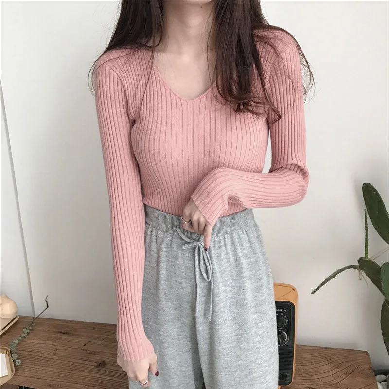 

2021 Basic V-neck Solid Autumn Winter Sweater Pullover Women Female Knitted Warm Tops Slim Long Sleeve Badycon Sweater Cheap