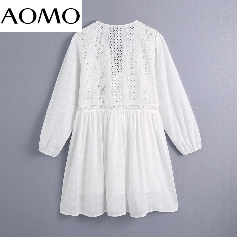 

AOMO Women Embroidery Romantic Cotton Dress Long Sleeve V Neck Females Vintage White Mini Dresses Vestidos CE186A